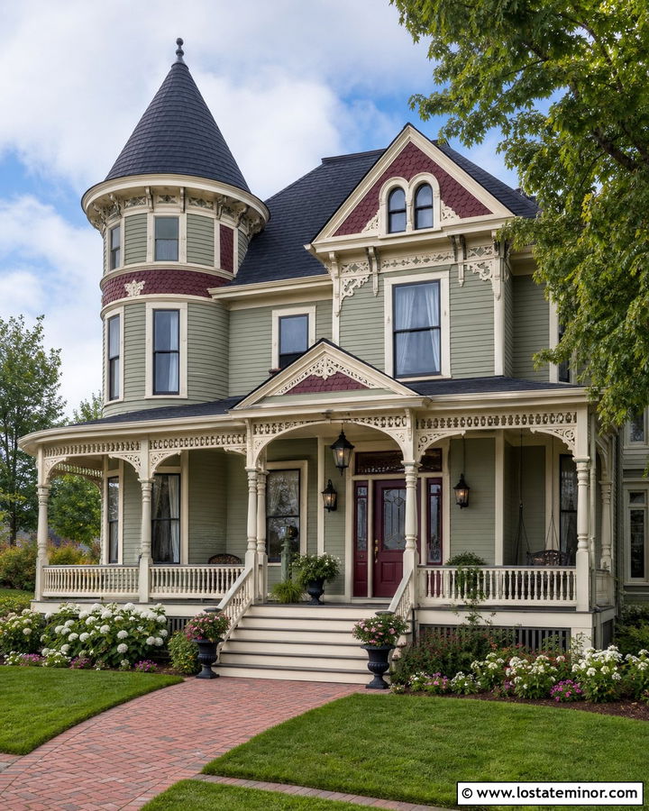 Sage Green Victorian With Decorative Lanterns - 30 Sage Green House Design With Light Fixtures Ideas