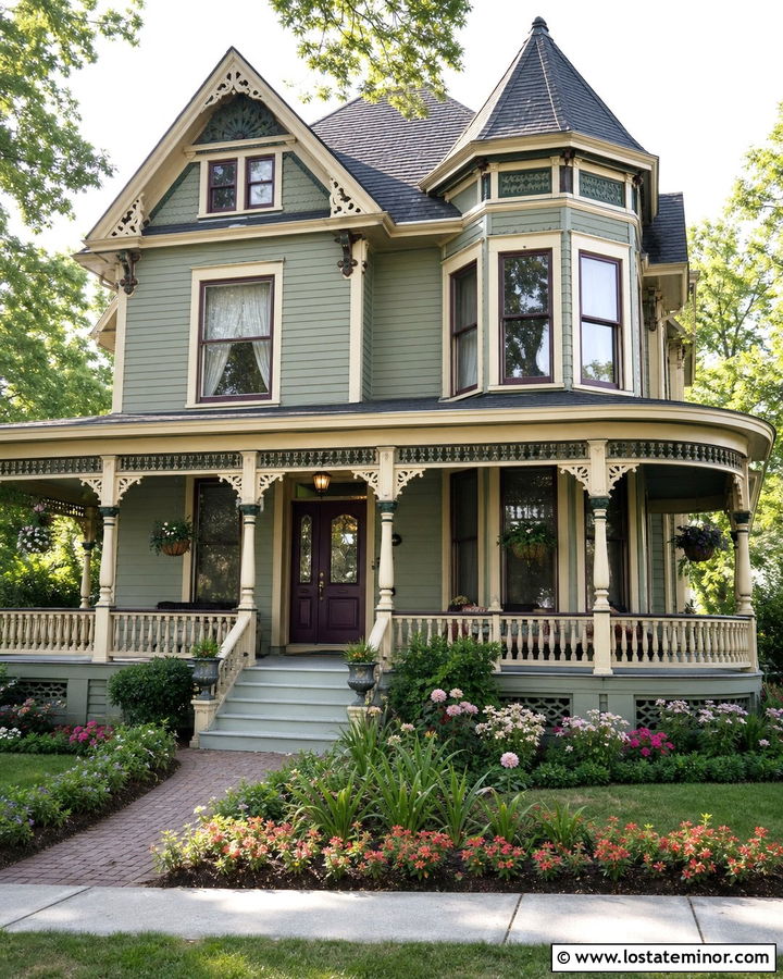Sage Green Victorian With Decorative Porch Columns - 30 Sage Green House Design With Porch Columns Ideas
