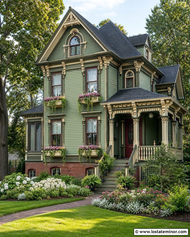 Sage Green Victorian With Decorative Window Boxes - 30 Sage Green House Design With Window Boxes Ideas