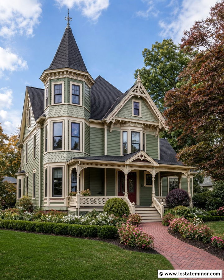 Sage Green Victorian With Fish Scale Shingles - 30 Sage Green House Design With Shingles Ideas