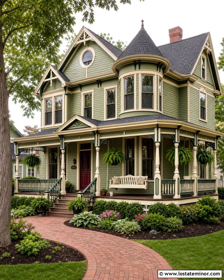 Sage Green Victorian With Wraparound Porch Swing - 30 Sage Green House Design With Swing Ideas