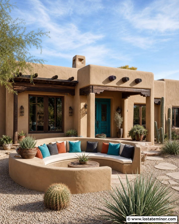 Sand Adobe House With Masonry Daybed - 30 Sand House Design With Daybed Ideas