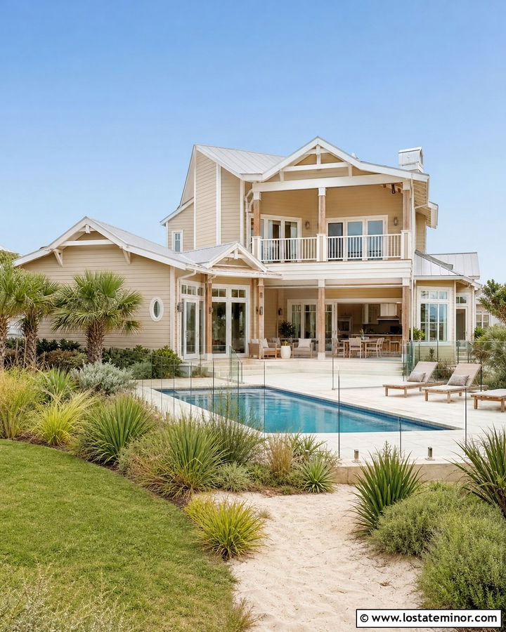 Sand Beach House With Glass Pool Fence - 30 Sand House Design With Swimming Pool Ideas
