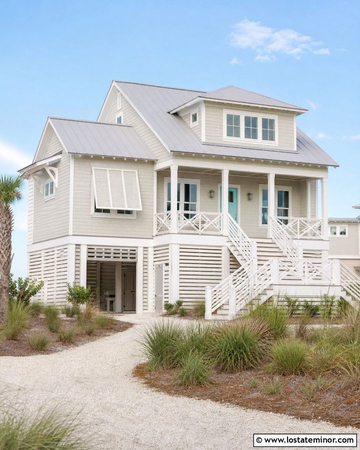 Sand Beach House With White Cross Railings - 30 Sand House Design With Railings Ideas