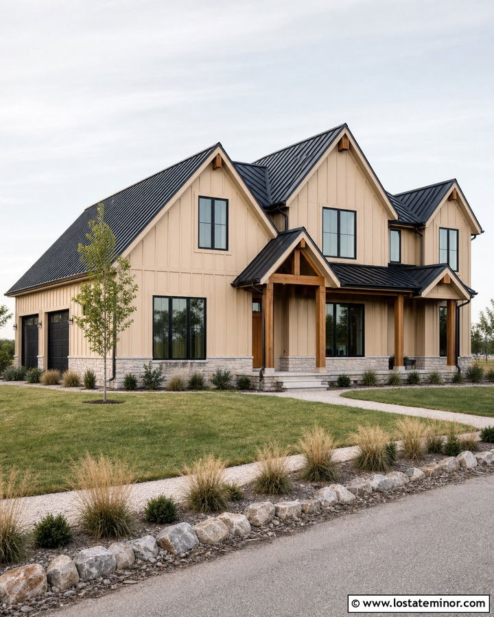 Sand Board And Batten House With Black Windows - 30 Sand House Design With Window Frames Ideas