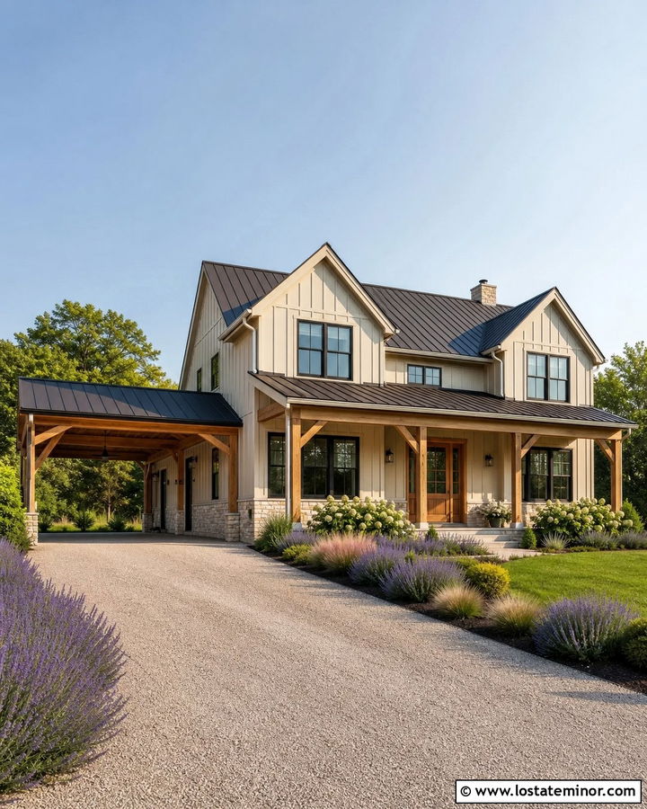 Sand Board And Batten House With Cedar Carport - 30 Sand House Design With Carport Ideas