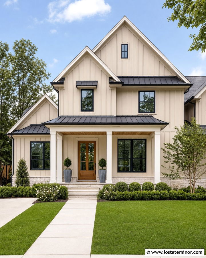Sand Board And Batten House With Porch Columns - 30 Sand House Design With Porch Columns Ideas