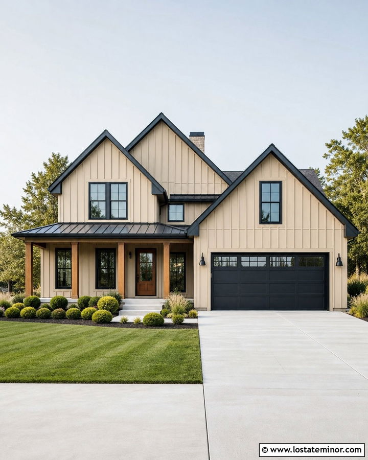 Sand Board And Batten Siding With Black Trim - 30 Sand House Design With Siding Ideas