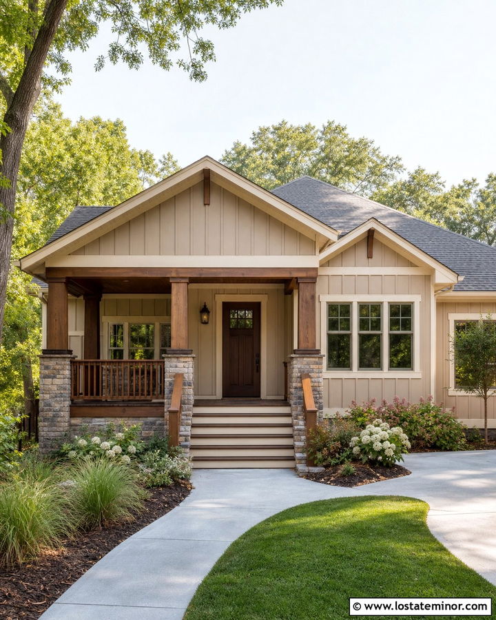 Sand Board and Batten Bungalow With Front Porch - 30 Sand House Design With Board and Batten Ideas