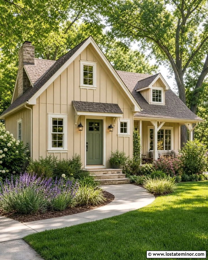Sand Board and Batten Cottage With Green Door - 30 Sand House Design With Board and Batten Ideas