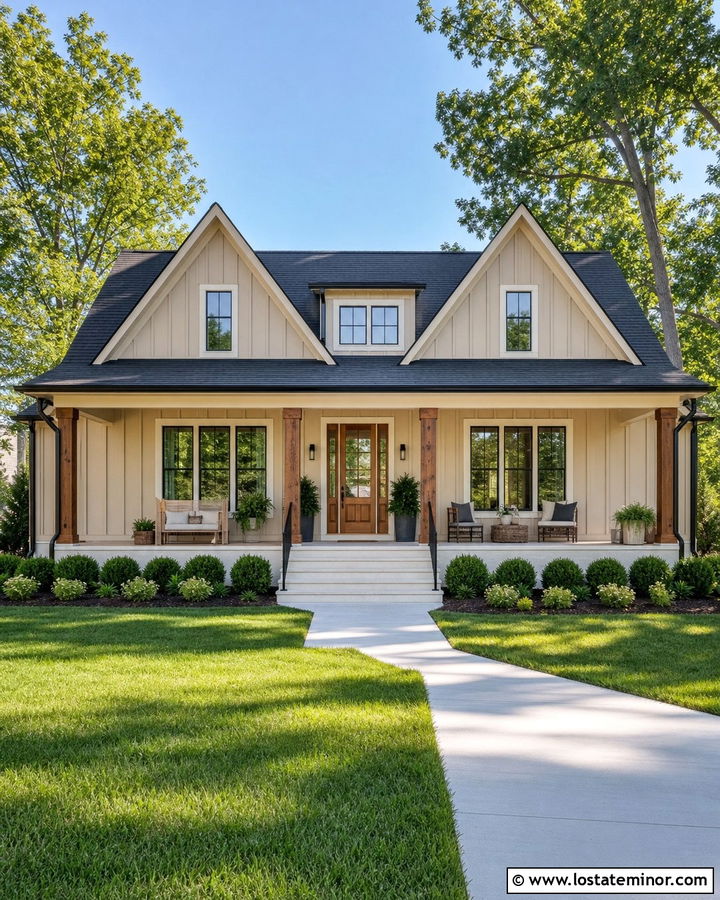 Sand Board and Batten Farmhouse With Black Roof - 30 Sand House Design With Board and Batten Ideas