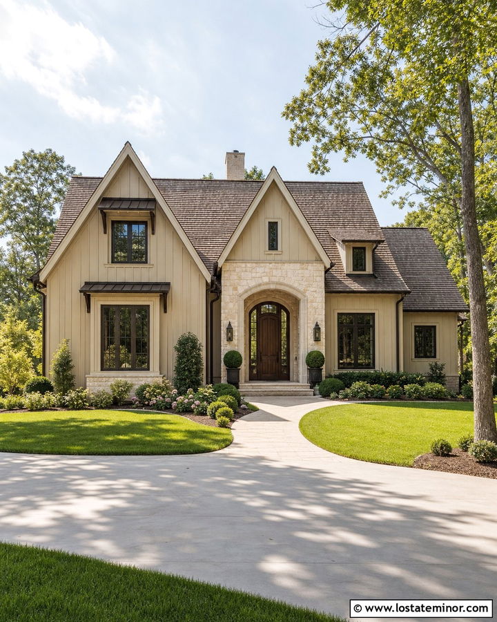 Sand Board and Batten House With Arched Entry - 30 Sand House Design With Board and Batten Ideas