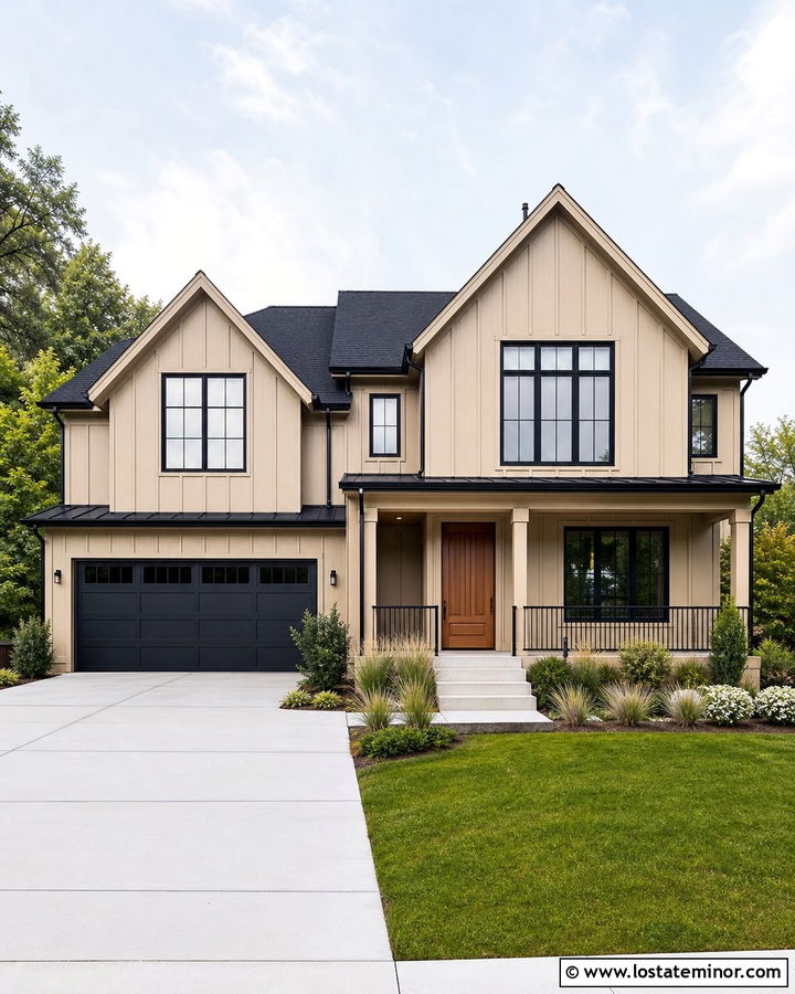Sand Board and Batten House With Black Windows - 30 Sand House Design With Board and Batten Ideas