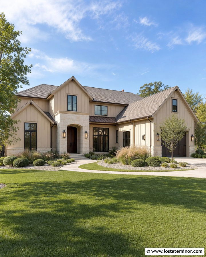 Sand Board and Batten House With Bronze Details - 30 Sand House Design With Board and Batten Ideas
