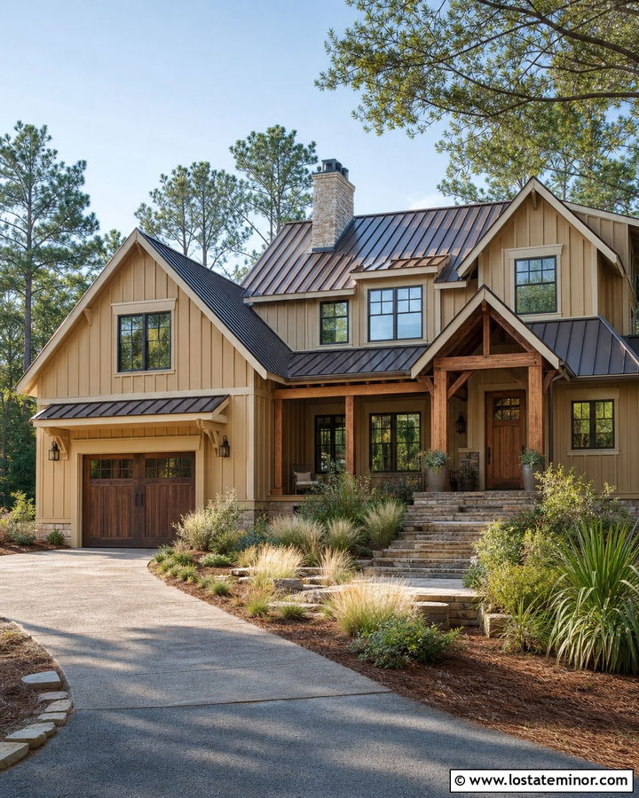 Sand Board and Batten House With Cedar Accents - 30 Sand House Design With Board and Batten Ideas