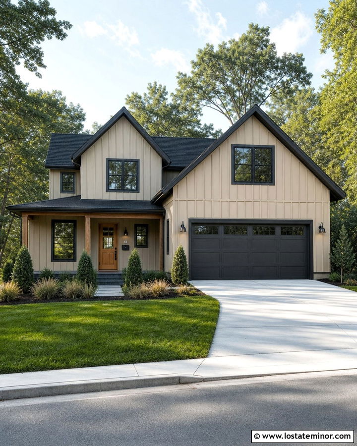Sand Board and Batten House With Charcoal Trim - 30 Sand House Design With Board and Batten Ideas