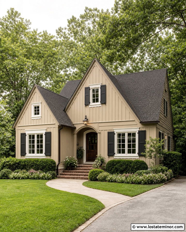 Sand Board and Batten House With Dark Shutters - 30 Sand House Design With Board and Batten Ideas