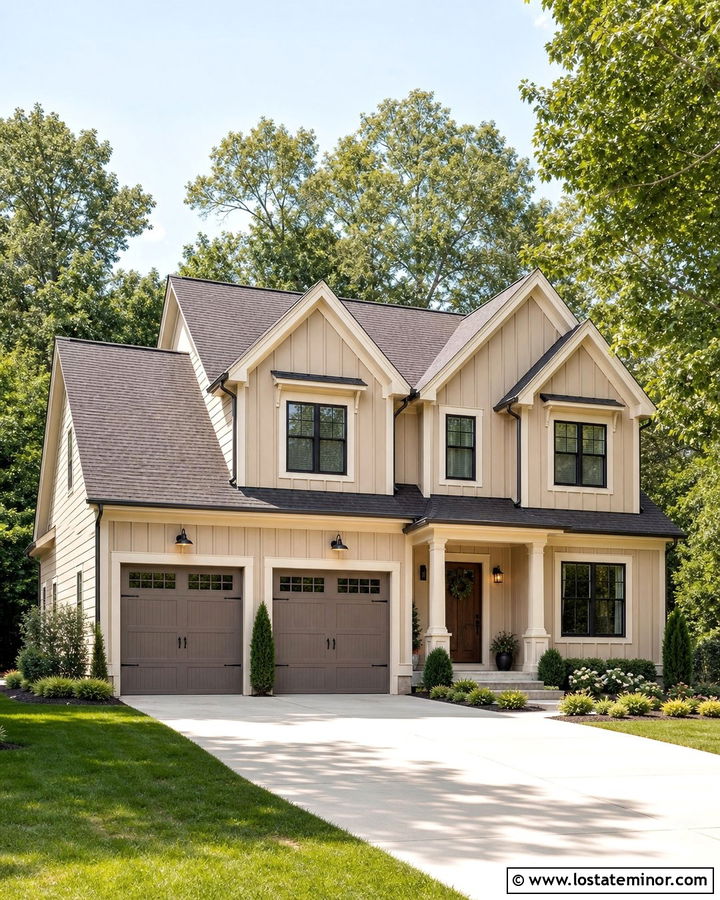Sand Board and Batten House With Garage Doors - 30 Sand House Design With Board and Batten Ideas