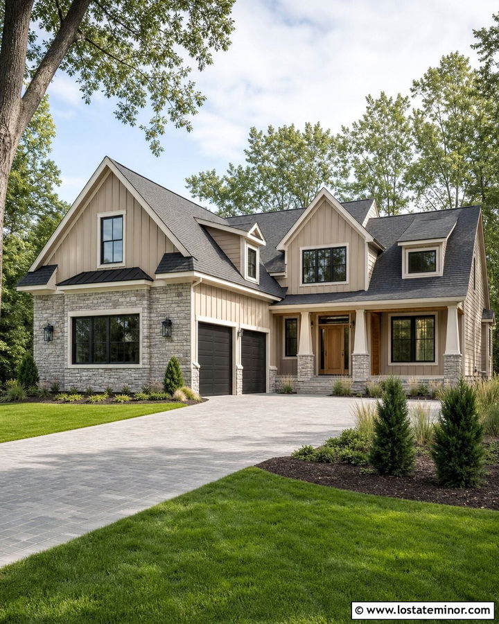Sand Board and Batten House With Gray Stone - 30 Sand House Design With Board and Batten Ideas