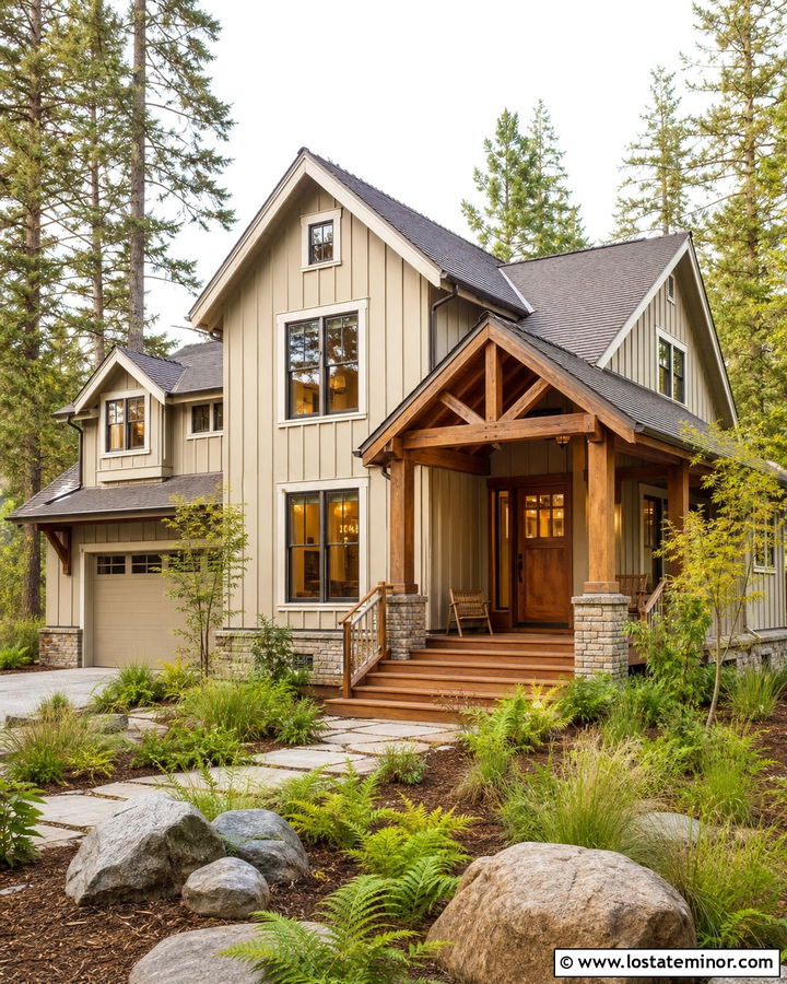 Sand Board and Batten House With Natural Wood Porch - 30 Sand House Design With Board and Batten Ideas
