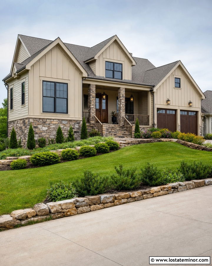 Sand Board and Batten House With Stone Skirting - 30 Sand House Design With Board and Batten Ideas