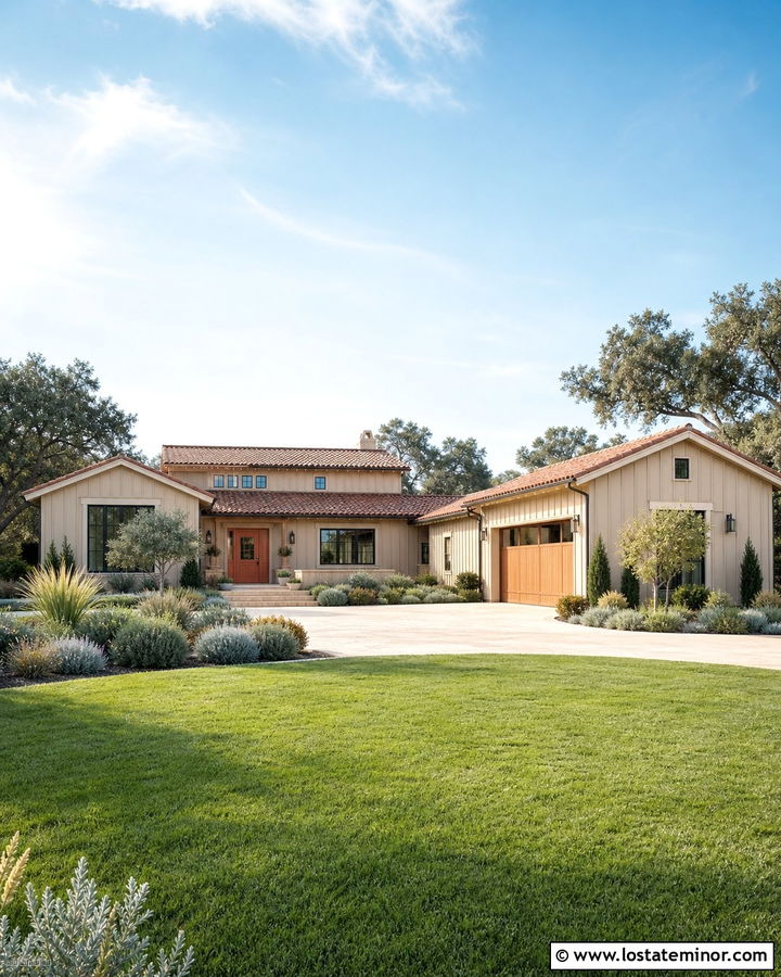 Sand Board and Batten House With Terracotta Door - 30 Sand House Design With Board and Batten Ideas