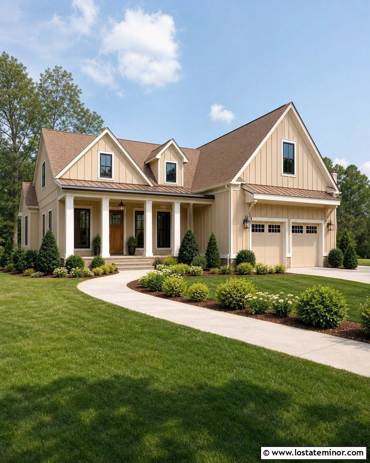 Sand Board and Batten House With White Trim - 30 Sand House Design With Board and Batten Ideas