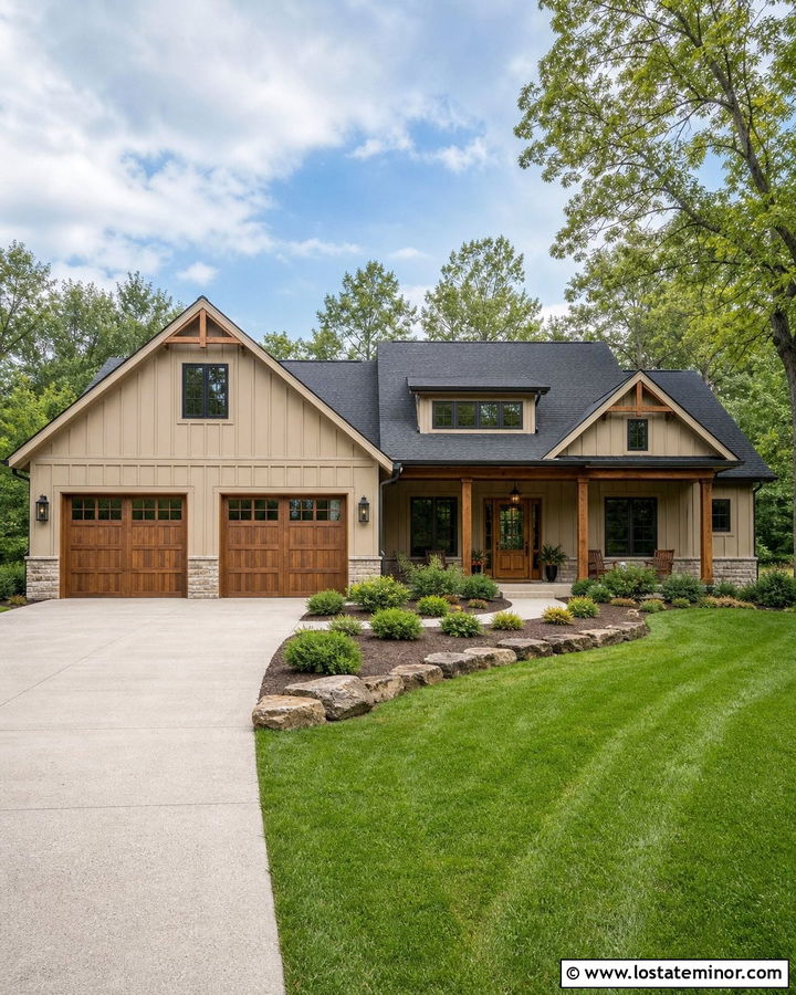Sand Board and Batten House With Wood Garage - 30 Sand House Design With Board and Batten Ideas