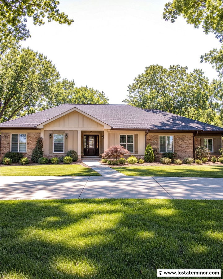 Sand Board and Batten Ranch With Brick Accents - 30 Sand House Design With Board and Batten Ideas