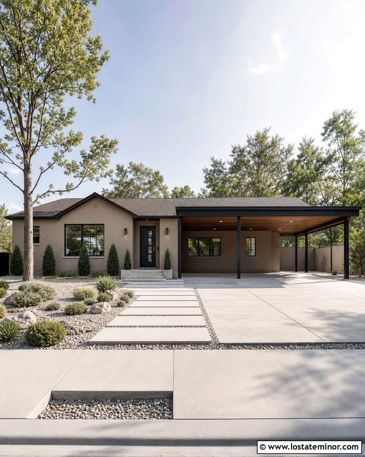 Sand Brick House With Black Carport - 30 Sand House Design With Carport Ideas