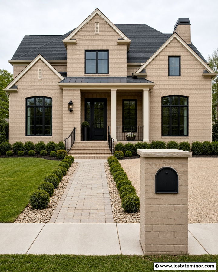 Sand Brick House With Black Column Mailbox - 30 Sand House Design With Mailbox Ideas