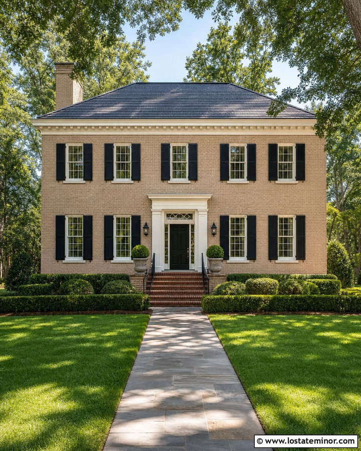 Sand Brick House With Black Panel Shutters - 30 Sand House Design With Shutters Ideas