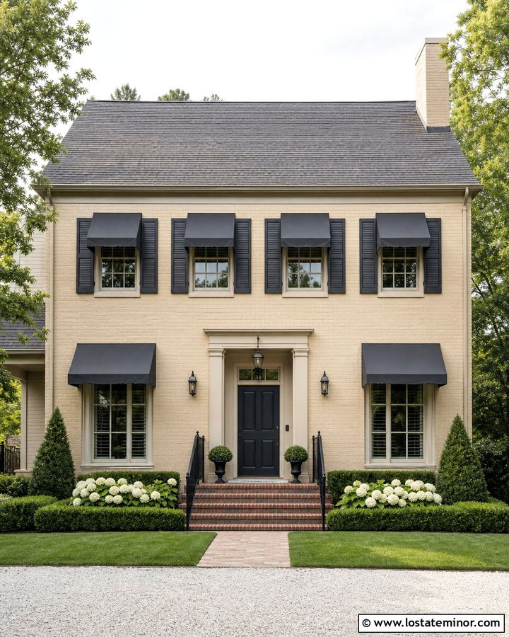 Sand Brick House With Charcoal Awnings - 30 Sand House Design With Awning Ideas