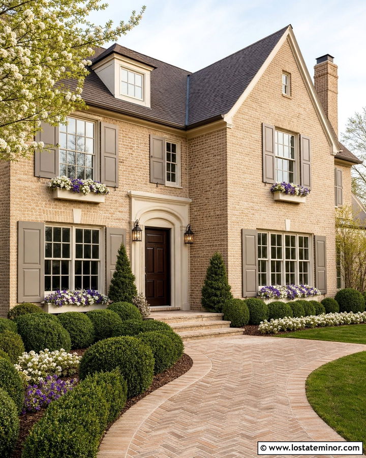 Sand Brick House With Cream Window Boxes - 30 Sand House Design With Window Boxes Ideas