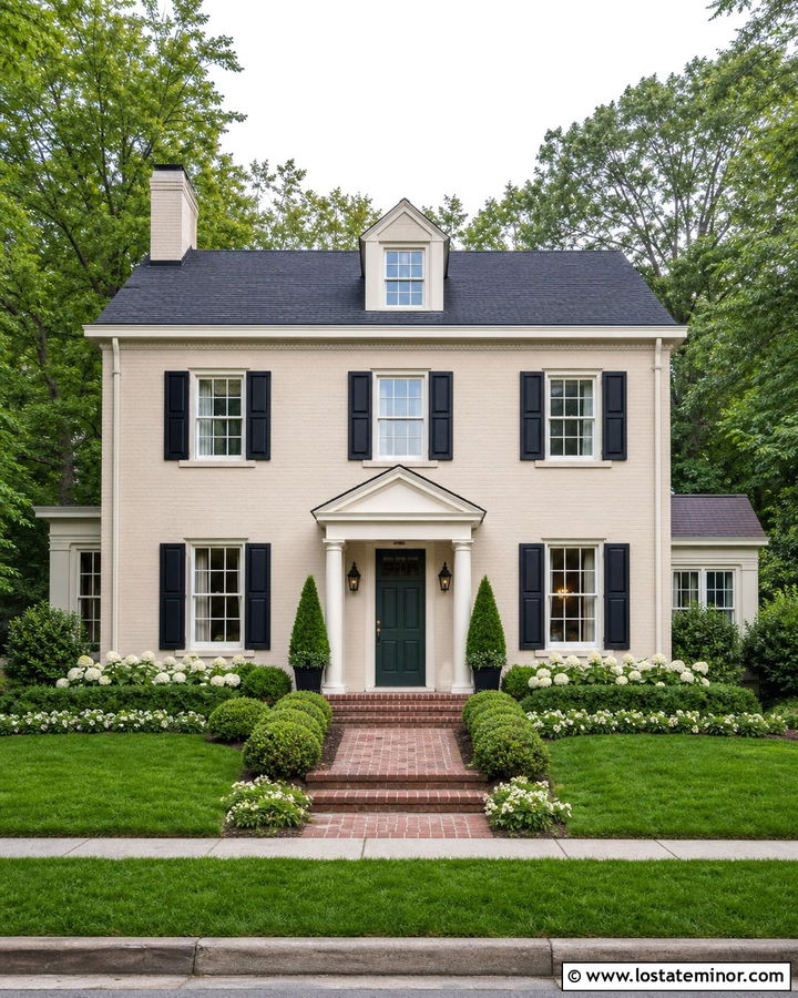 Sand Brick House With Evergreen Landscaping - 30 Sand House Design With Front Yard Ideas