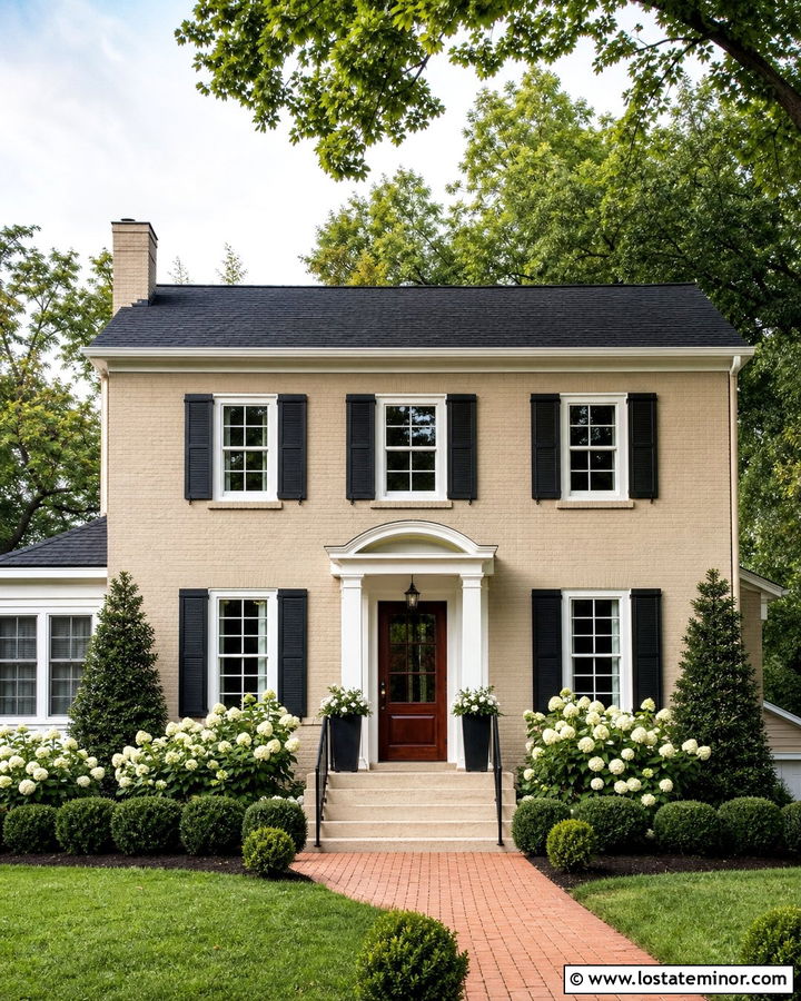 Sand Brick House With White Flowering Shrubs - 30 Sand House Design With Landscaping Ideas