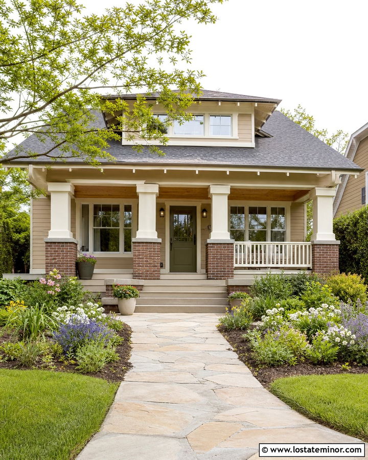 Sand Bungalow With Brick Base Porch Columns - 30 Sand House Design With Porch Columns Ideas