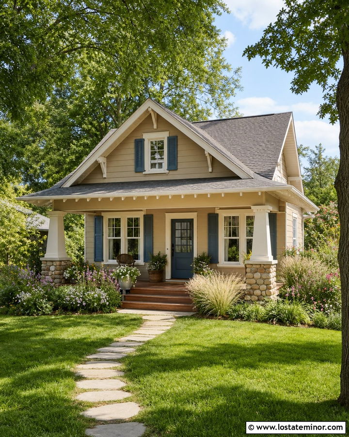 Sand Bungalow With Dusty Blue Shutters - 30 Sand House Design With Shutters Ideas
