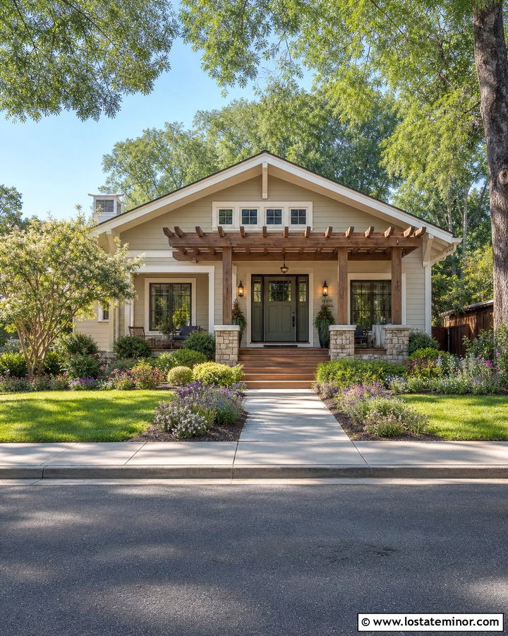 Sand Bungalow With Front Porch Pergola - 30 Sand House Design With Pergola Ideas
