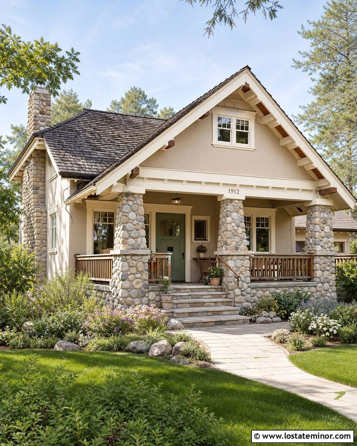 Sand Bungalow With River Rock Porch - 30 Sand House Design With Stone Accents Ideas