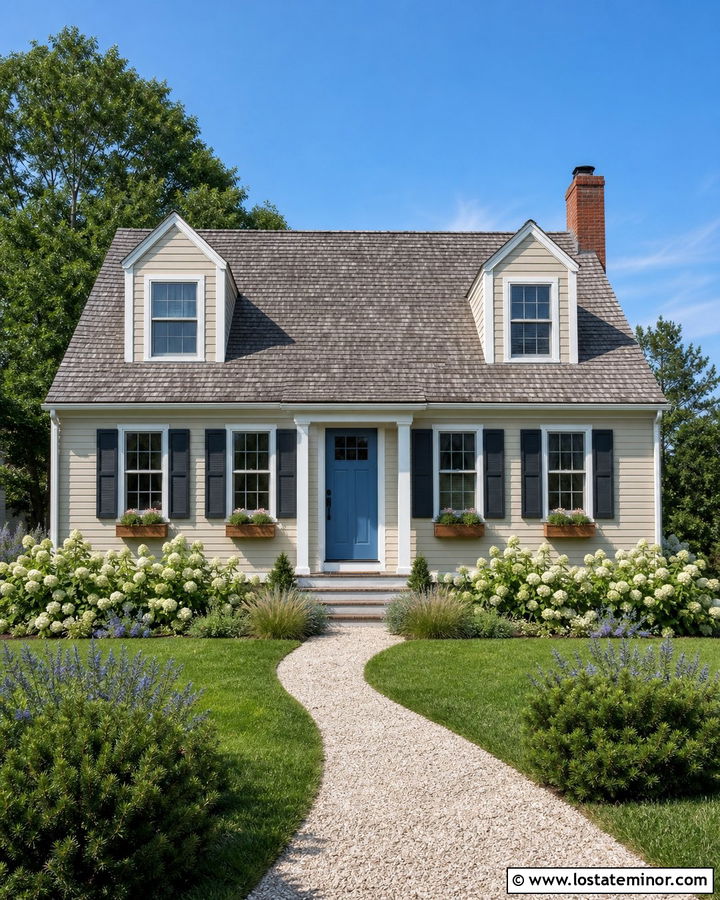 Sand Cape Cod House With Blue Front Door - 30 Sand House Design With Front Yard Ideas