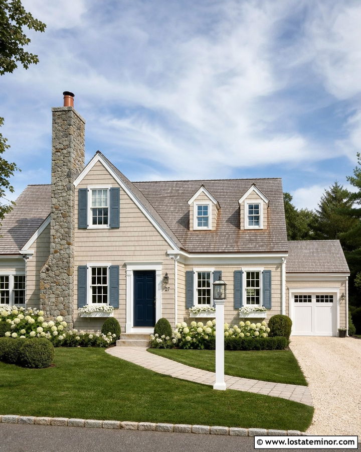 Sand Cape Cod House With Gray Stone Chimney - 30 Sand House Design With Stone Accents Ideas