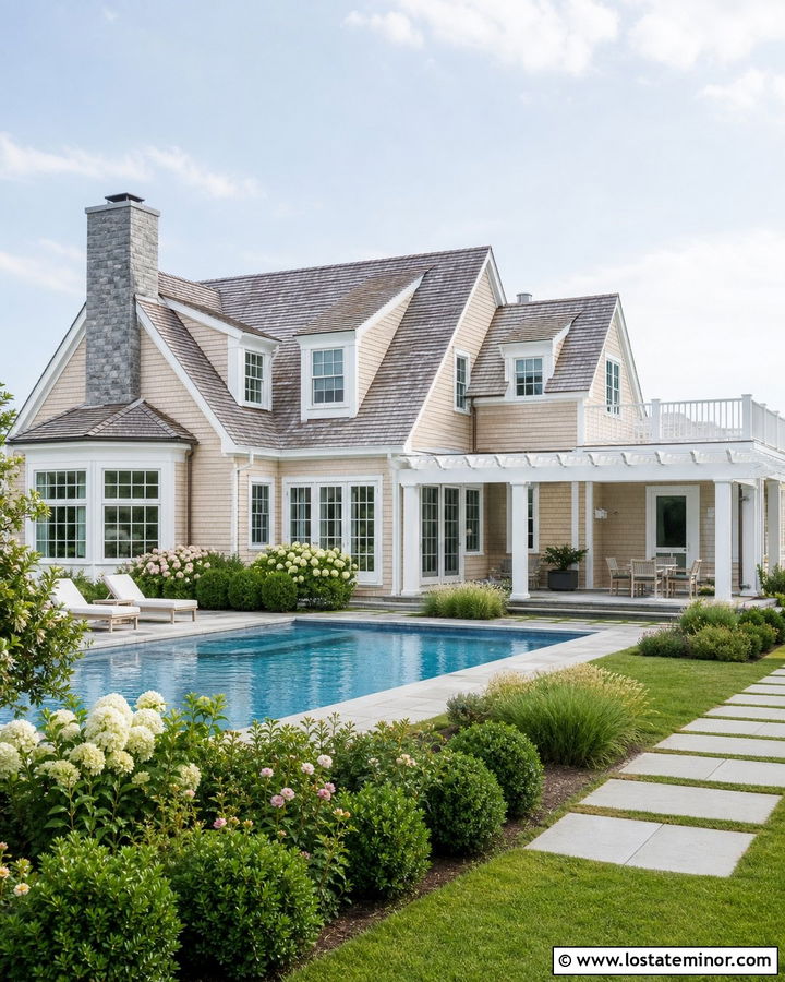 Sand Cape Cod House With Pool Garden - 30 Sand House Design With Swimming Pool Ideas