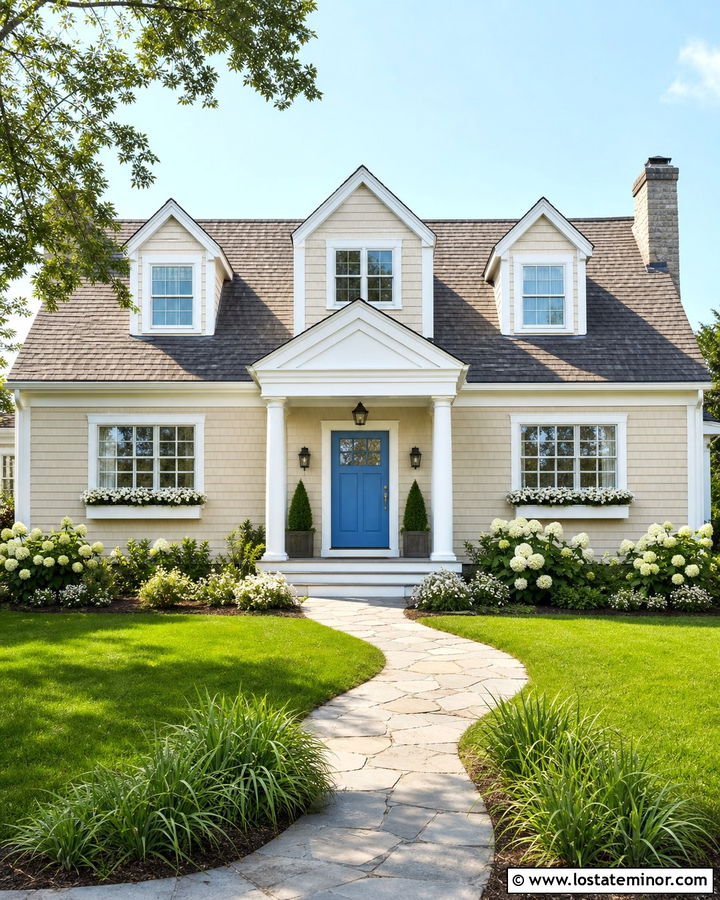 Sand Cape Cod House With White Portico - 30 Sand House Design With Portico Ideas