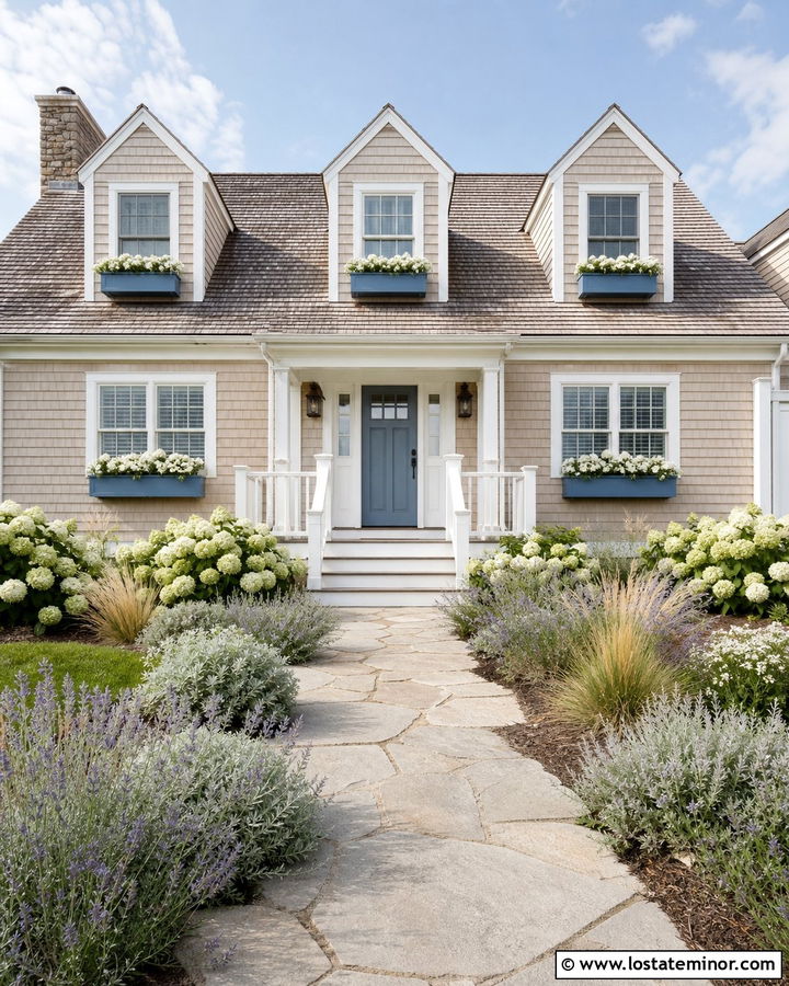 Sand Cape Cod With Blue Window Boxes - 30 Sand House Design With Window Boxes Ideas