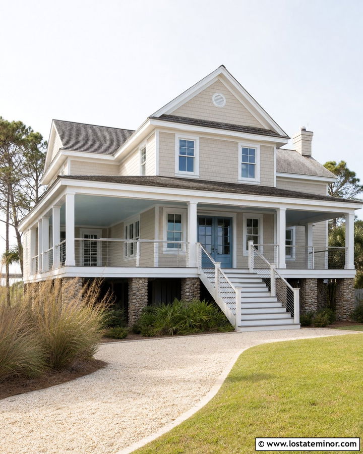Sand Coastal House With Cable Railings - 30 Sand House Design With Railings Ideas