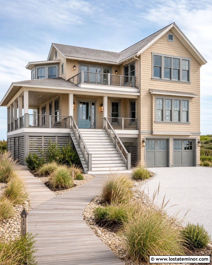 Sand Coastal House With Gray Window Frames - 30 Sand House Design With Window Frames Ideas