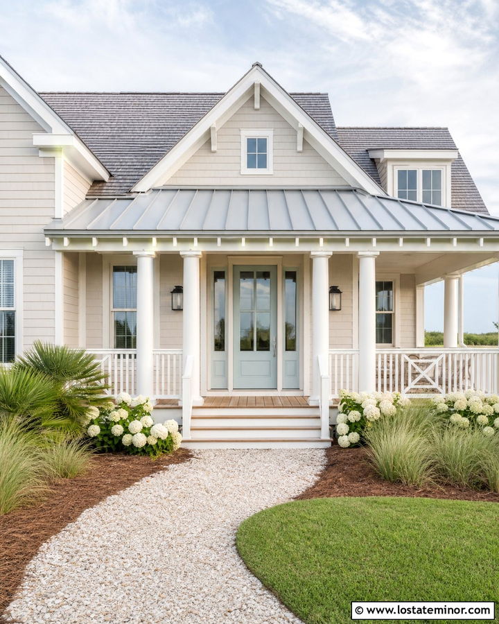 Sand Coastal House With Metal Roof Portico - 30 Sand House Design With Portico Ideas