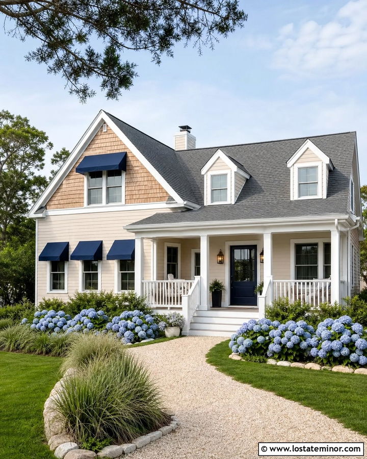 Sand Coastal House With Navy Awnings - 30 Sand House Design With Awning Ideas
