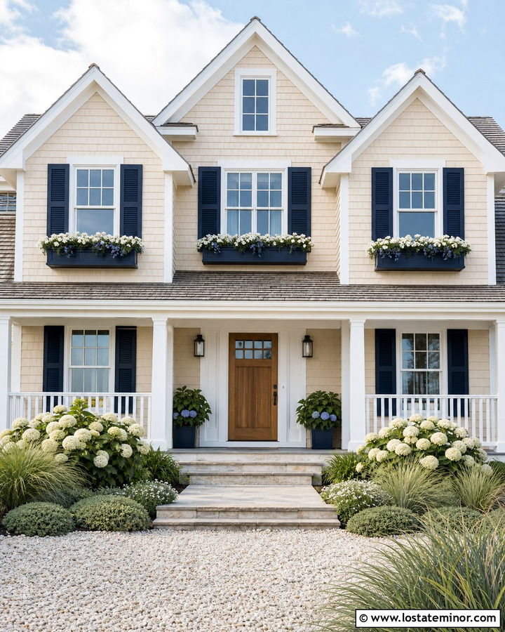 Sand Coastal House With Navy Window Boxes - 30 Sand House Design With Window Boxes Ideas